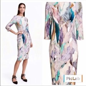H&M 3/4 Sleeve Watercolor Print Bodycon Midi Dress